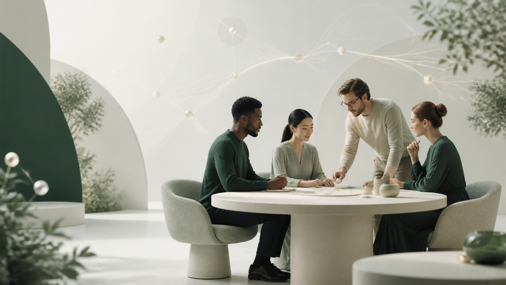 Modern team collaborating around a connected buyer network