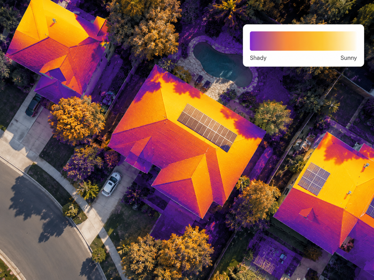 Solar shading map with roof heat overlay and sunny to shady scale