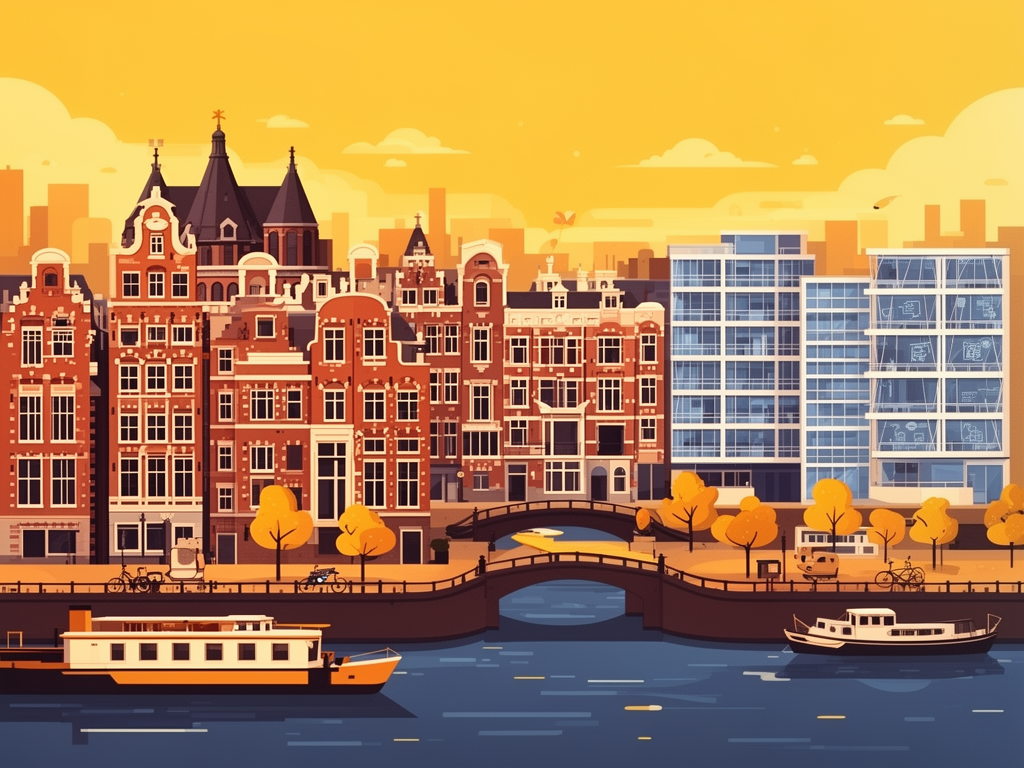 Illustration of Amsterdam with canals, historic buildings and modern B2B offices in bumblebee style