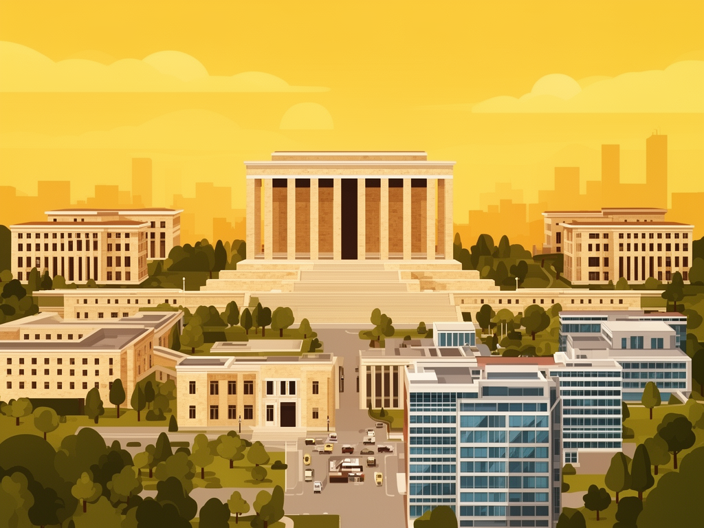Illustration of Ankara with Ataturk Mausoleum, government buildings and modern B2B offices in bumblebee style