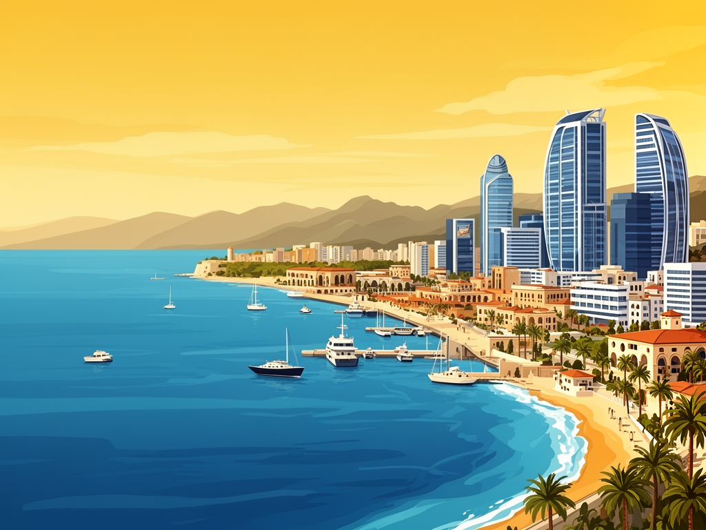 Illustration of Antalya with Mediterranean coast, old harbor and modern B2B offices in bumblebee style