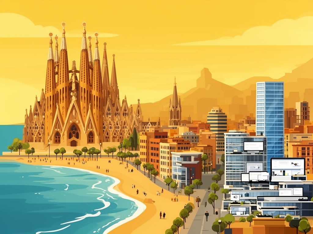 Illustration of Barcelona with Sagrada Familia, Mediterranean coast and modern B2B offices in bumblebee style