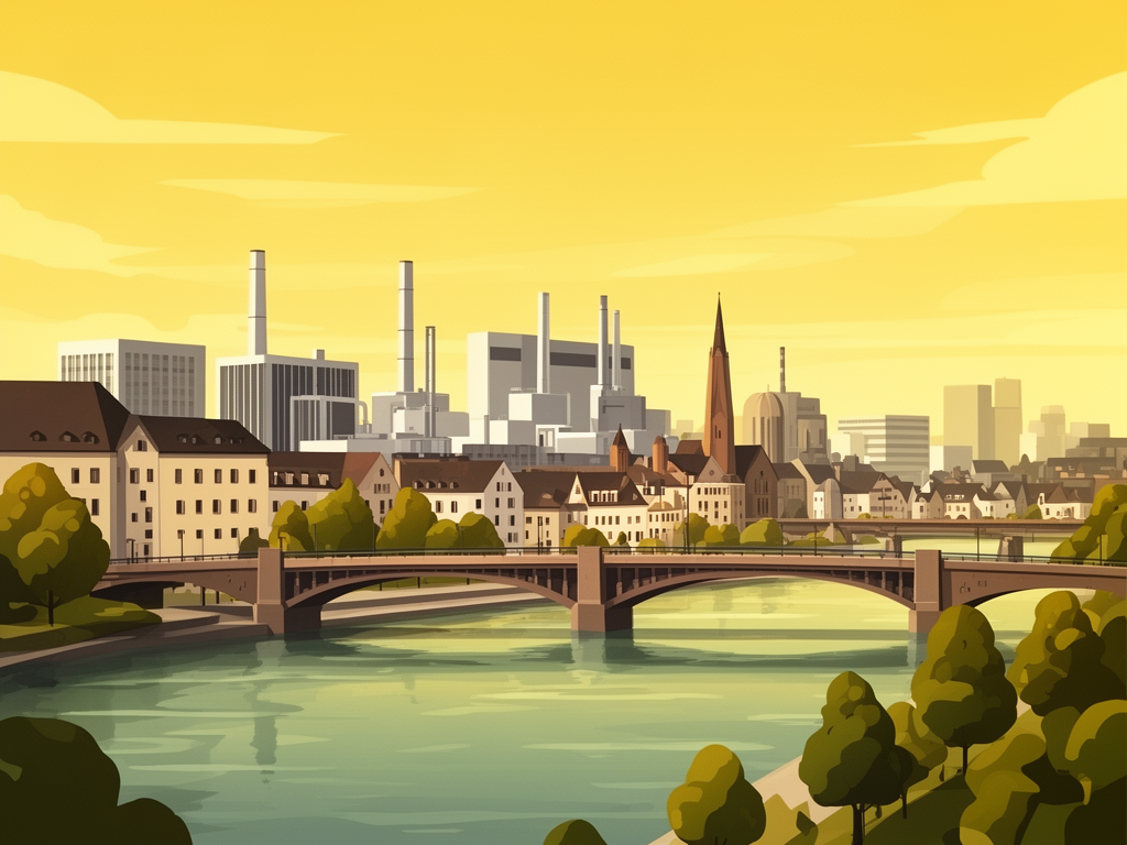 Illustration of Basel with the Rhine, bridge, and industrial buildings in bumblebee style