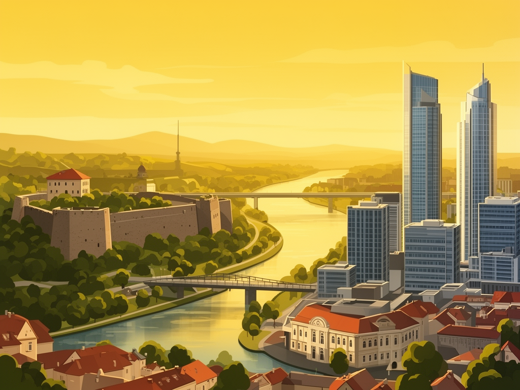 Illustration of Belgrade with Kalemegdan Fortress, Danube and Sava rivers and modern B2B offices in bumblebee style