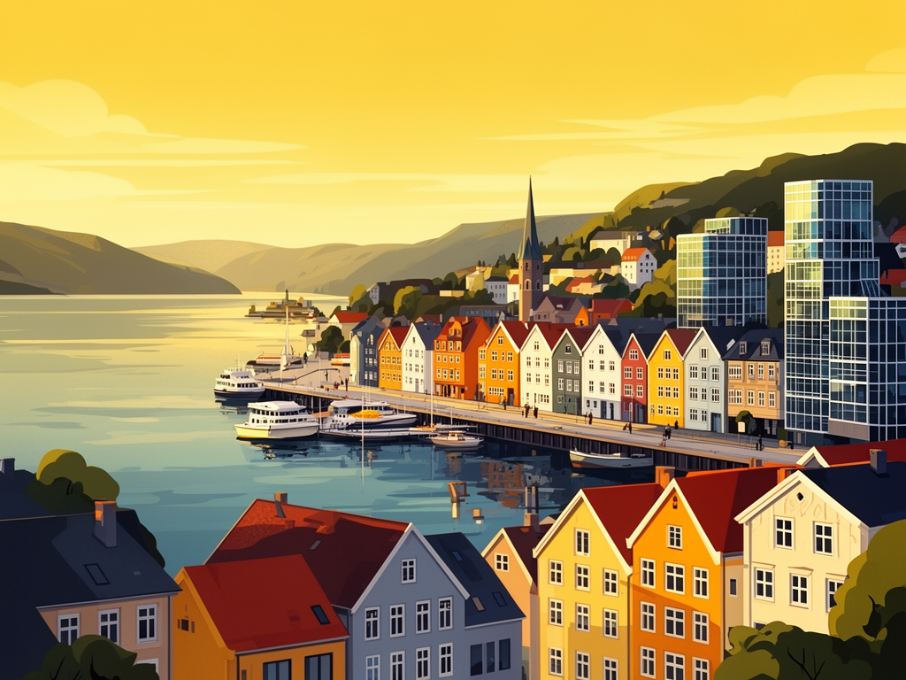 Illustration of Bergen with harbor, colorful houses and modern B2B offices in bumblebee style
