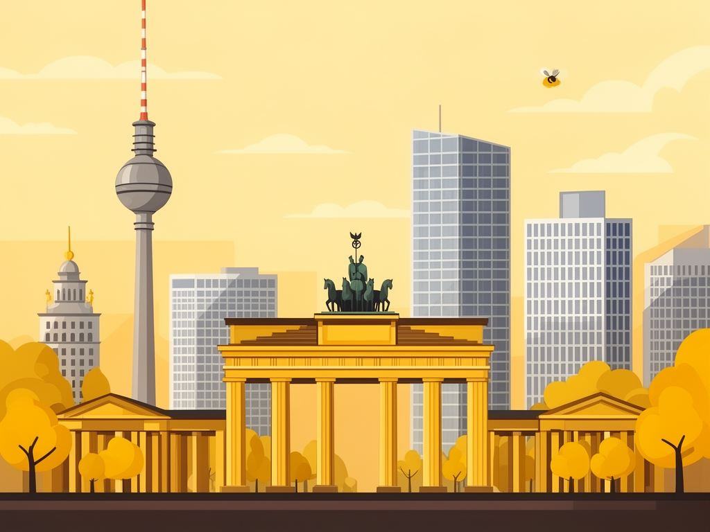 Illustration of Berlin TV tower, Brandenburg Gate and modern offices in bumblebee style
