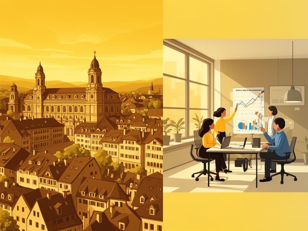 Illustration of Bern with Bundeshaus, old town roofs, and modern office team in bumblebee style