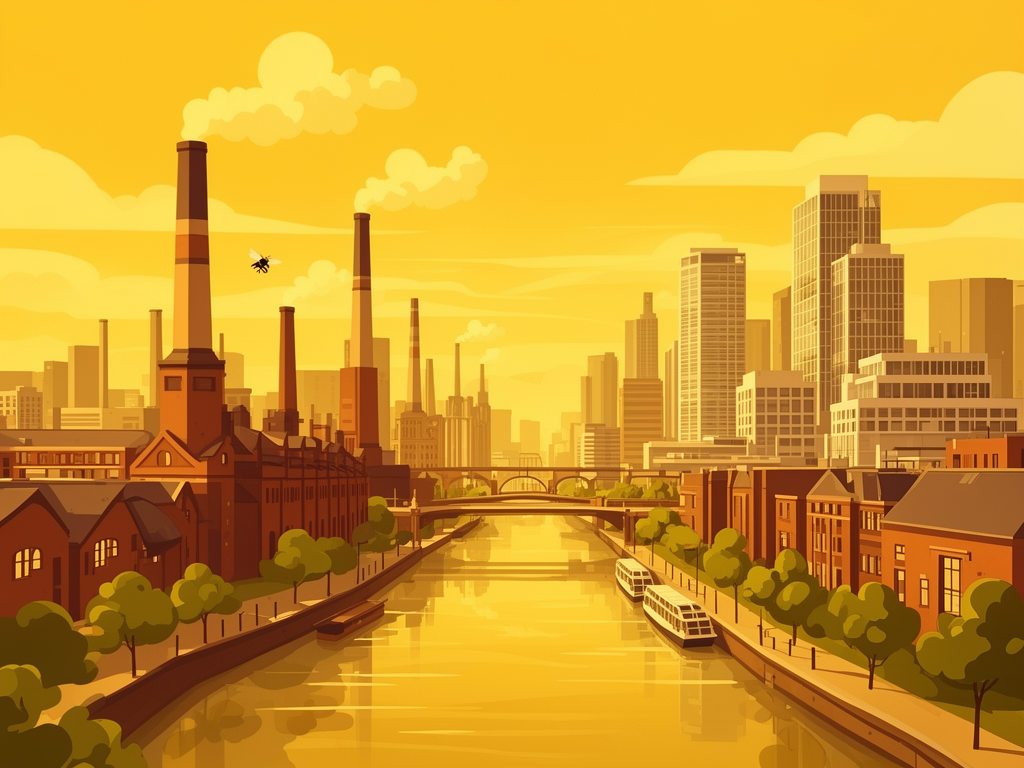 Illustration of Birmingham with industrial heritage, canals and modern B2B offices in bumblebee style