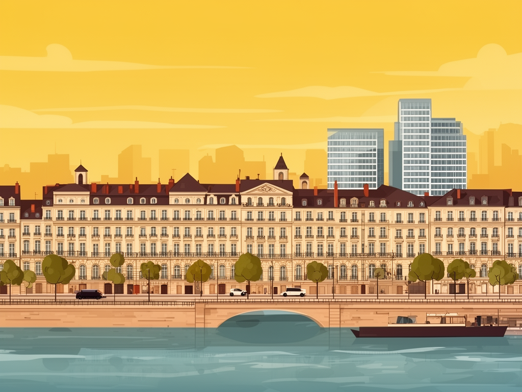 Illustration of Bordeaux port, Mediterranean and modern B2B offices in bumblebee style