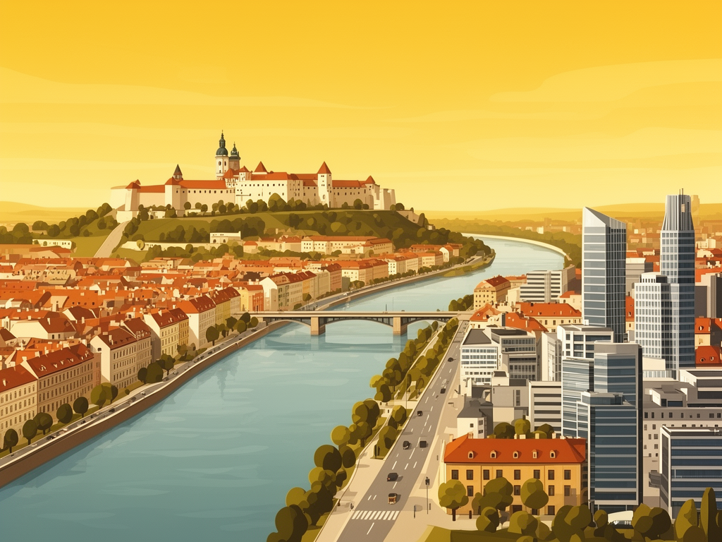 Illustration of Bratislava with Danube river, Bratislava Castle and modern B2B offices in bumblebee style