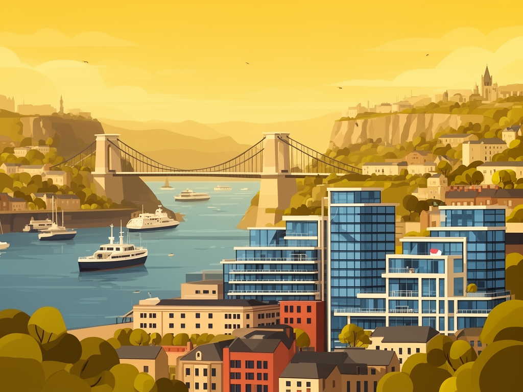 Illustration of Bristol with harbor, Clifton Suspension Bridge and modern B2B offices in bumblebee style