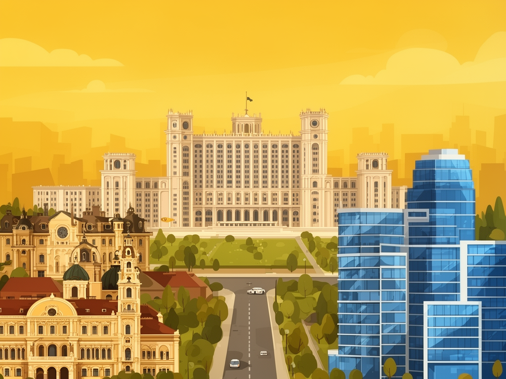 Illustration of Bucharest with Palace of Parliament, historic architecture and modern B2B offices in bumblebee style