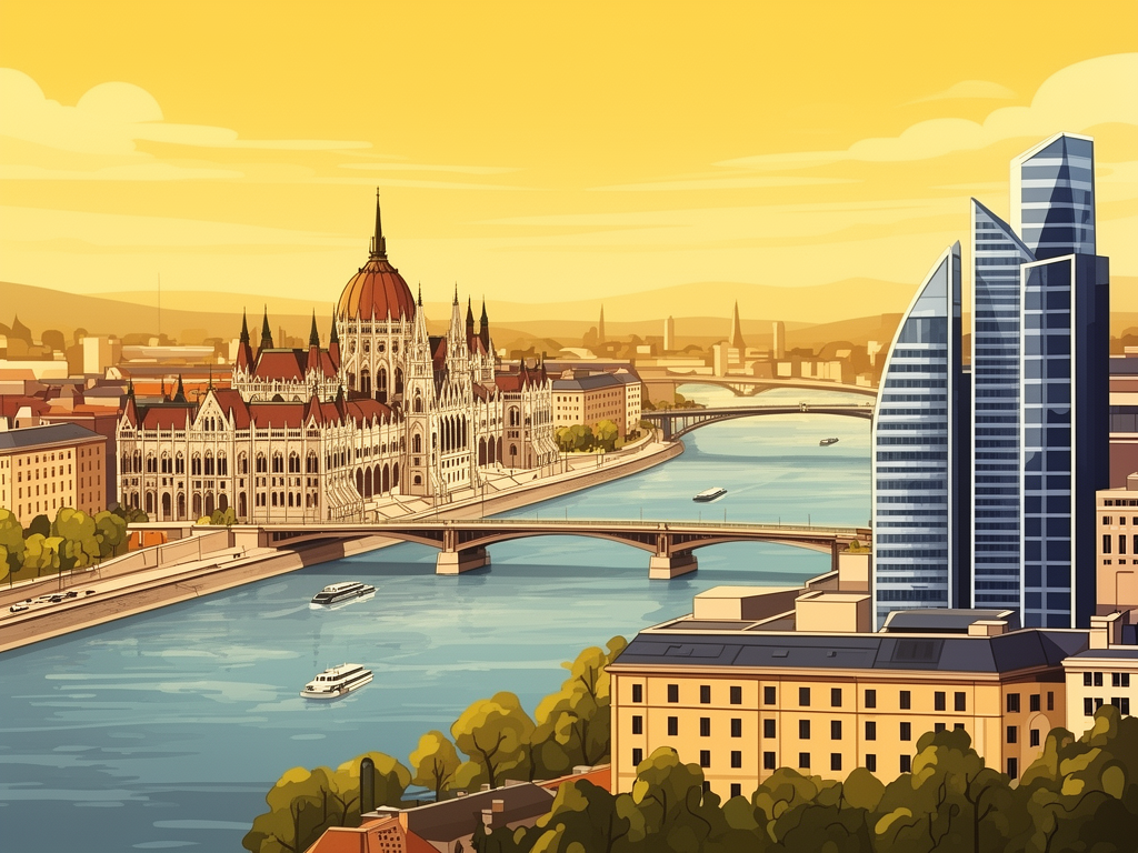 Illustration of Budapest with Danube river, Parliament building and modern B2B offices in bumblebee style