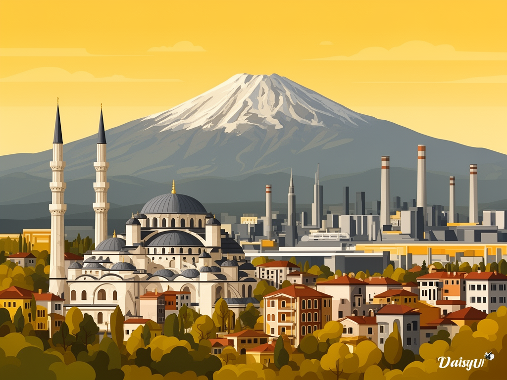 Illustration of Bursa with historic Ottoman architecture, Uludag mountain and modern B2B offices in bumblebee style