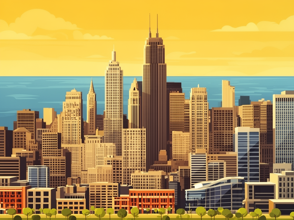 Illustration of Chicago with skyline, Lake Michigan and modern B2B offices in bumblebee style
