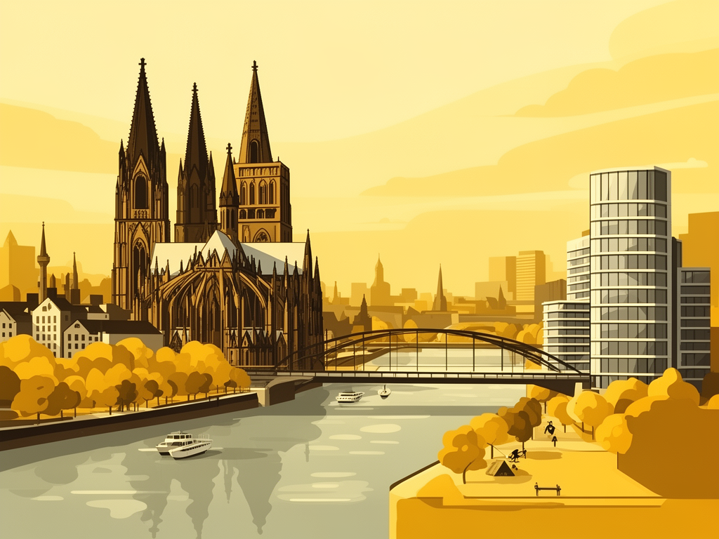Illustration of Cologne Cathedral, Rhine and modern B2B offices in bumblebee style
