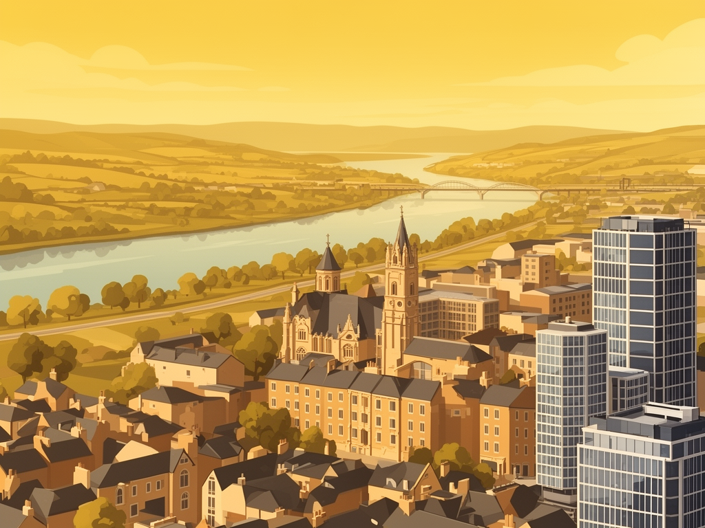 Illustration of Cork with River Lee, historic buildings and modern B2B offices in bumblebee style