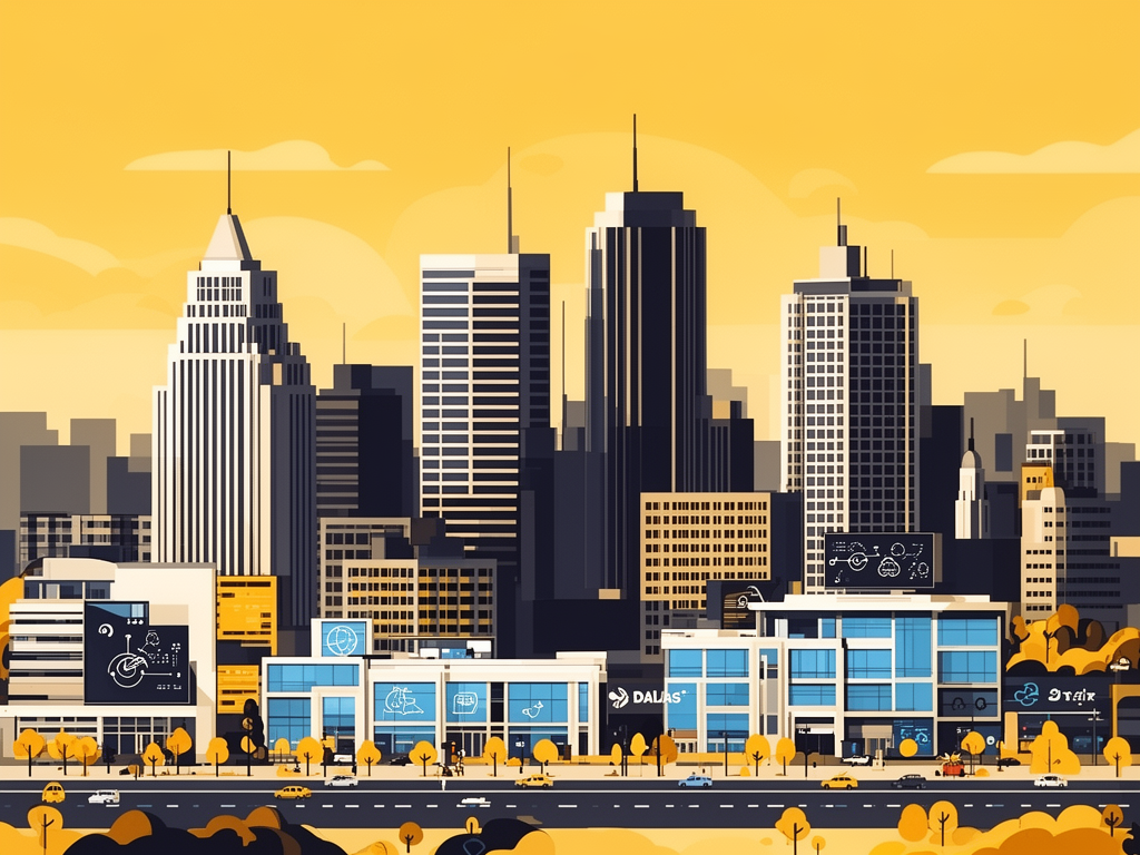 Illustration of Dallas with modern skyline, business district and B2B offices in bumblebee style