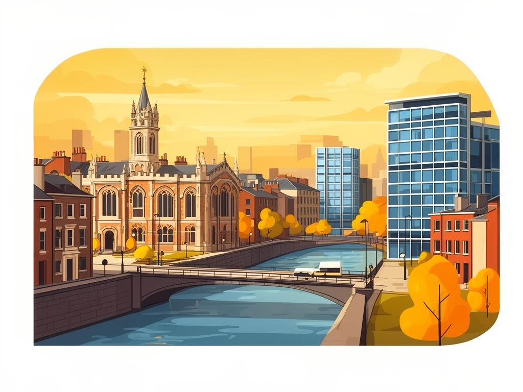Illustration of Dublin with Trinity College, River Liffey and modern B2B offices in bumblebee style