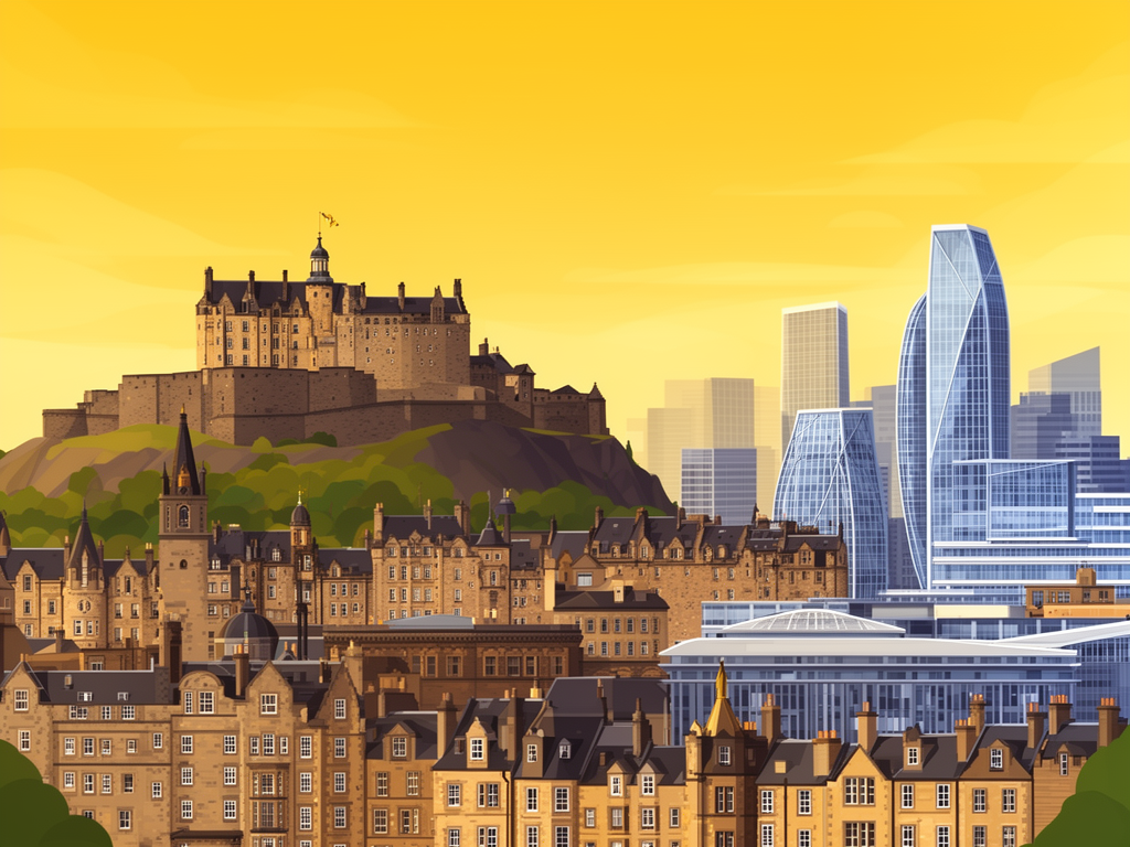 Illustration of Edinburgh with Edinburgh Castle, historic old town and modern B2B offices in bumblebee style