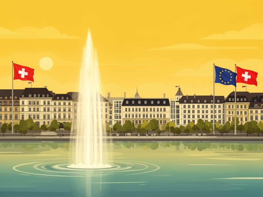 Illustration of Geneva with Jet d'Eau and international offices in bumblebee style