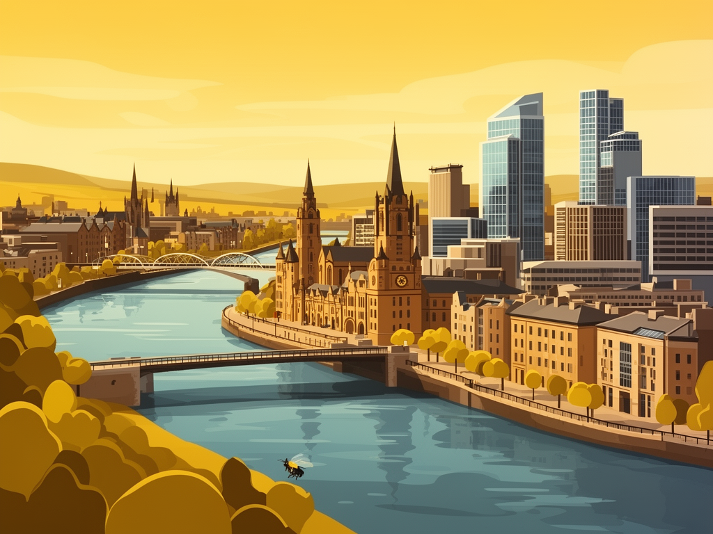 Illustration of Glasgow with River Clyde, historic buildings and modern B2B offices in bumblebee style