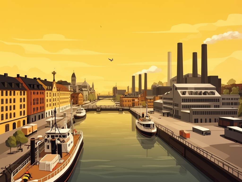 Illustration of Gothenburg with harbor, canals and modern B2B offices in bumblebee style