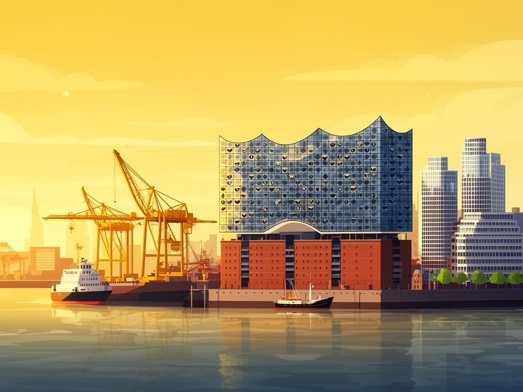 Illustration of Hamburg harbor, Elbphilharmonie and offices in bumblebee style