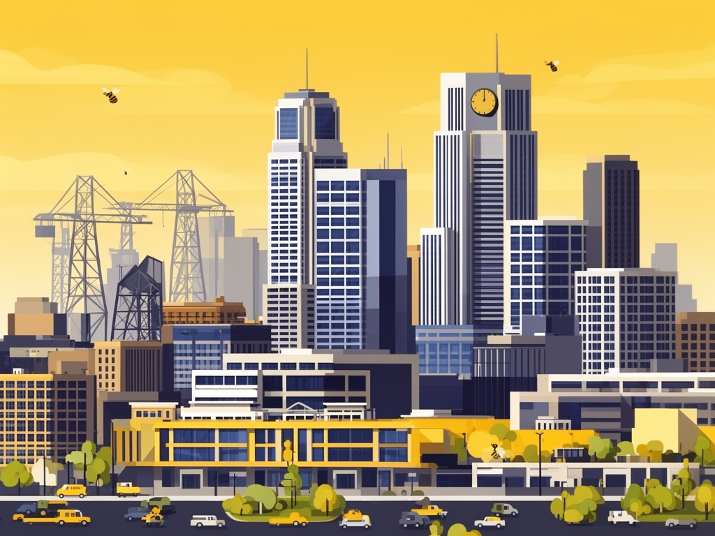 Illustration of Houston with modern skyline, energy district and B2B offices in bumblebee style