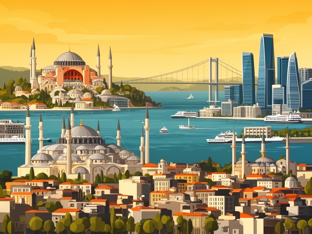 Illustration of Istanbul with Bosphorus, Hagia Sophia and modern B2B offices in bumblebee style