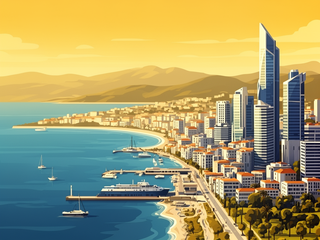 Illustration of Izmir with Aegean coast, harbor and modern B2B offices in bumblebee style