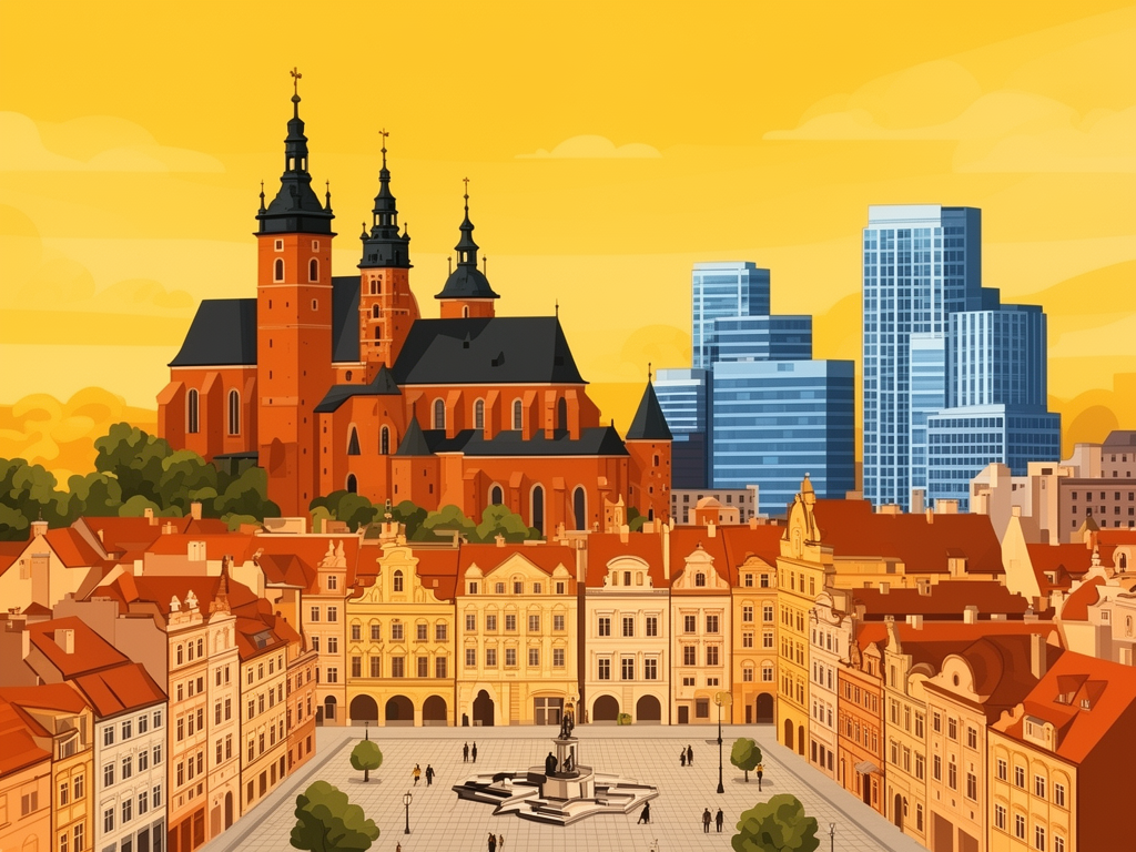Illustration of Krakow with Wawel Castle, old town square and modern B2B offices in bumblebee style