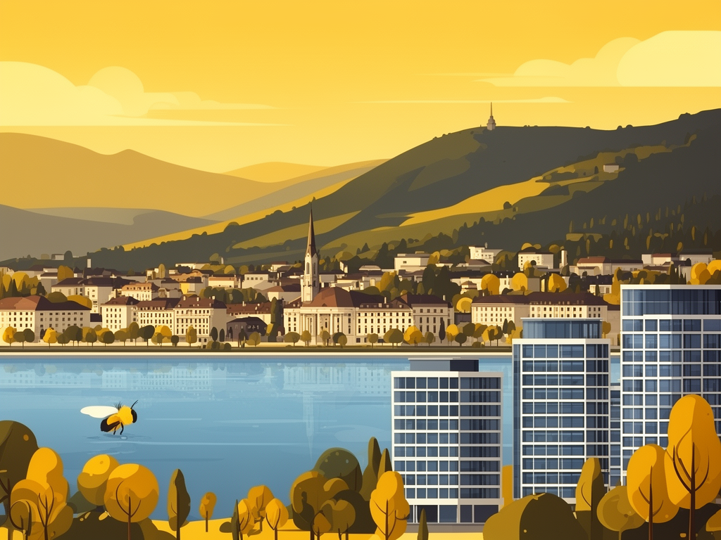 Illustration of Lausanne with lake, hills, and modern offices in bumblebee style