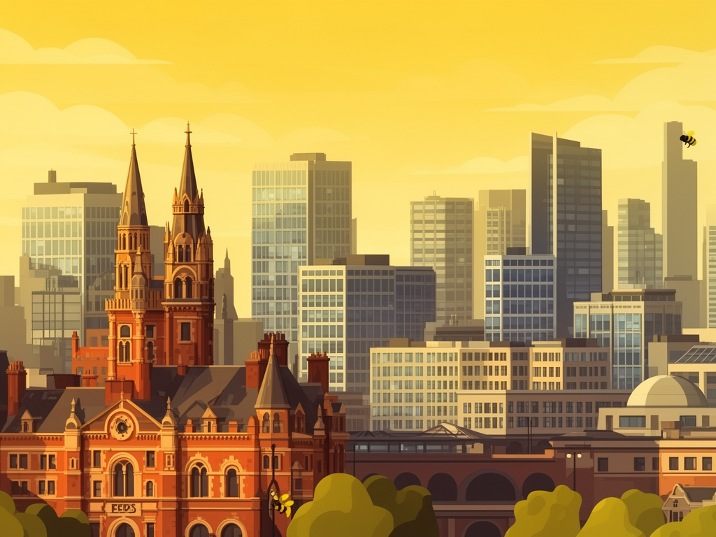 Illustration of Leeds with Victorian architecture and modern B2B offices in bumblebee style