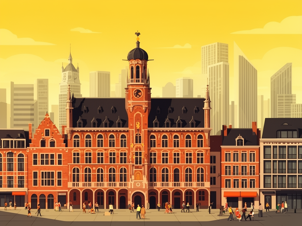 Illustration of Lille port, Mediterranean and modern B2B offices in bumblebee style