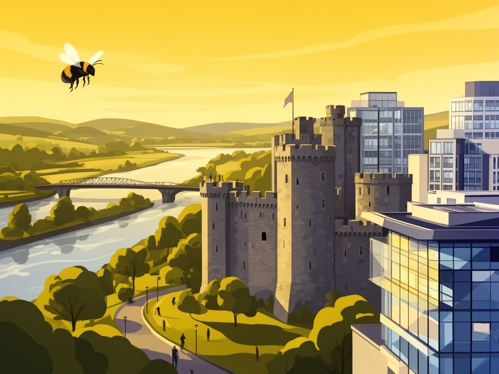 Illustration of Limerick with River Shannon, King John's Castle and modern B2B offices in bumblebee style