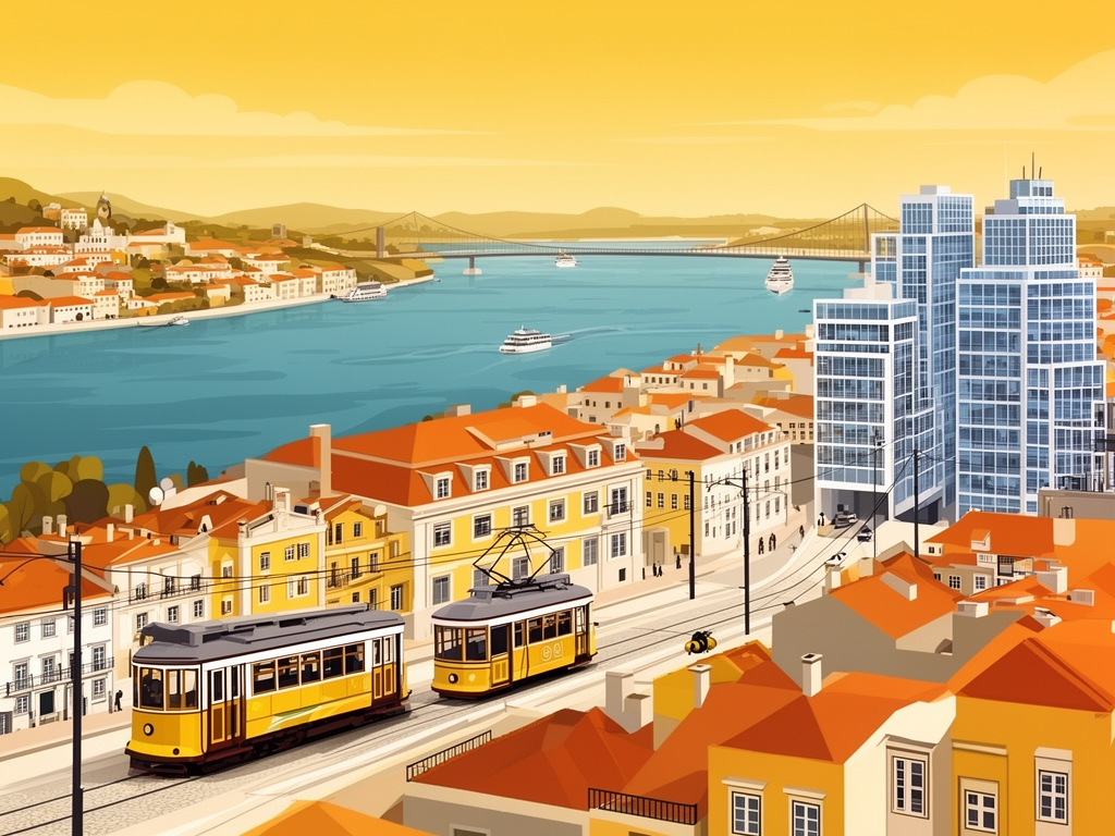 Illustration of Lisbon with Tagus river, historic trams and modern B2B offices in bumblebee style
