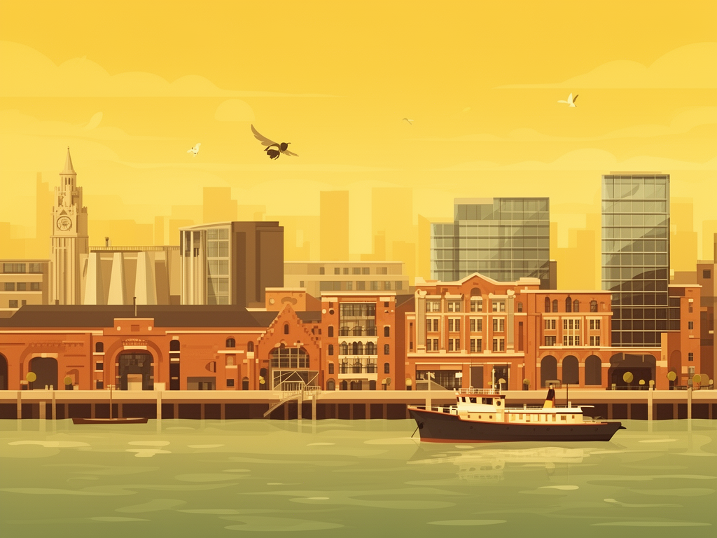 Illustration of Liverpool with waterfront, historic docks and modern B2B offices in bumblebee style