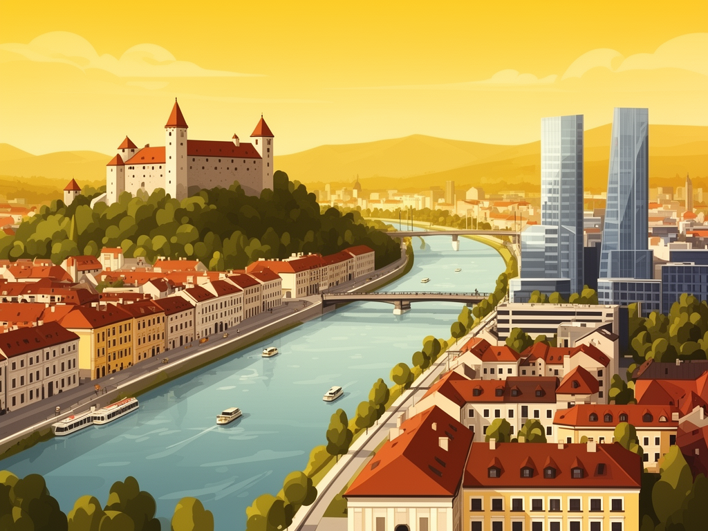 Illustration of Ljubljana with Ljubljana Castle, Ljubljanica river and modern B2B offices in bumblebee style