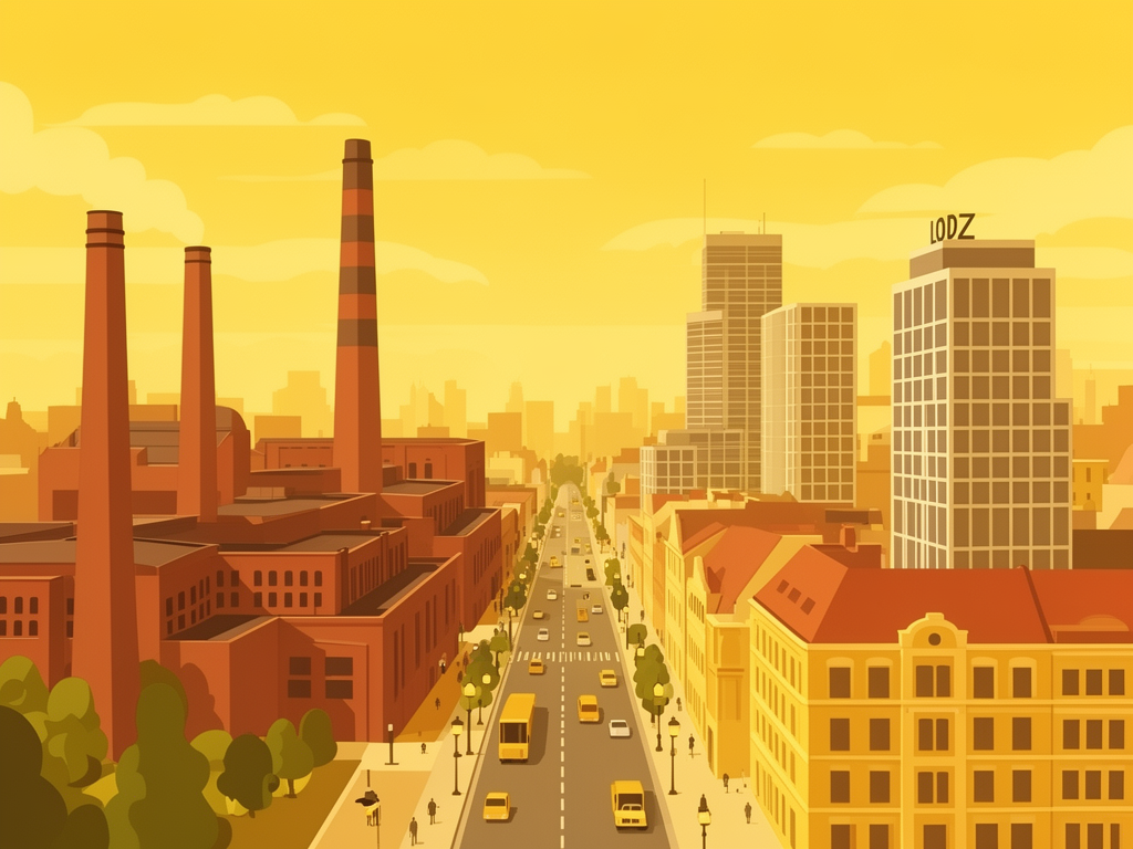 Illustration of Lodz with revitalized industrial factories, Piotrkowska street and modern B2B offices in bumblebee style