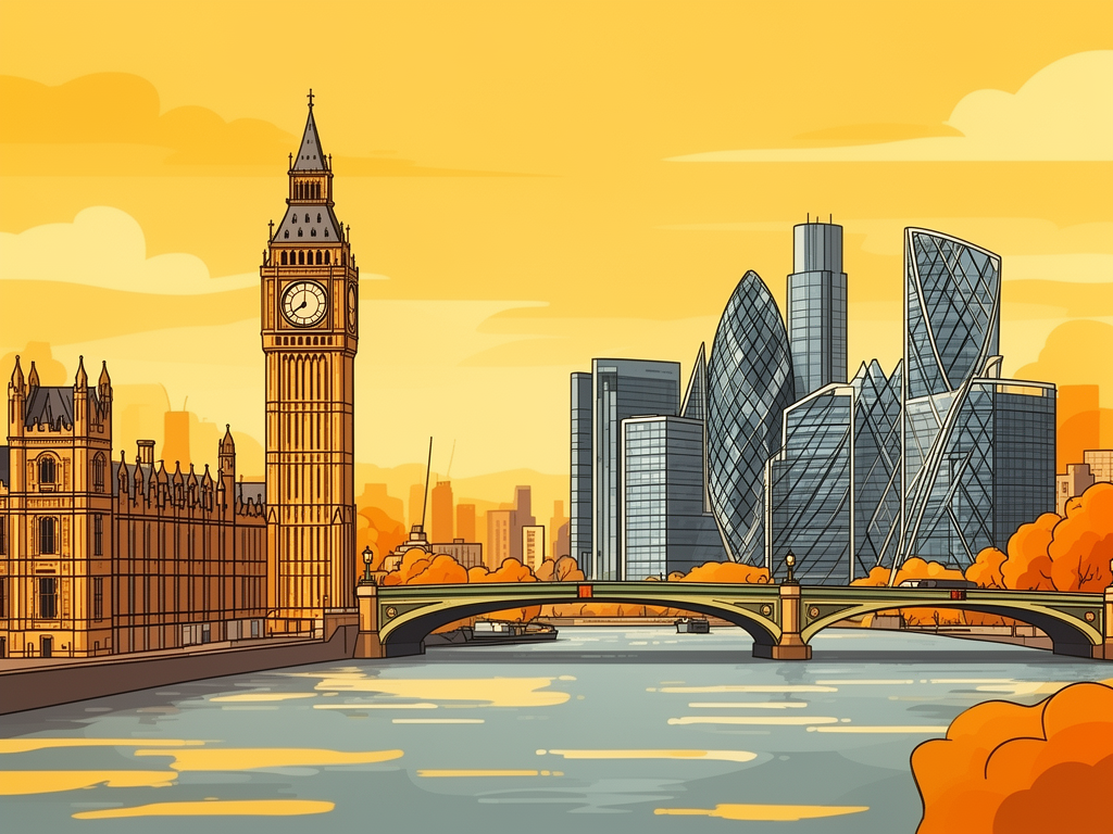 Illustration of London with Big Ben, Thames river and modern B2B offices in bumblebee style