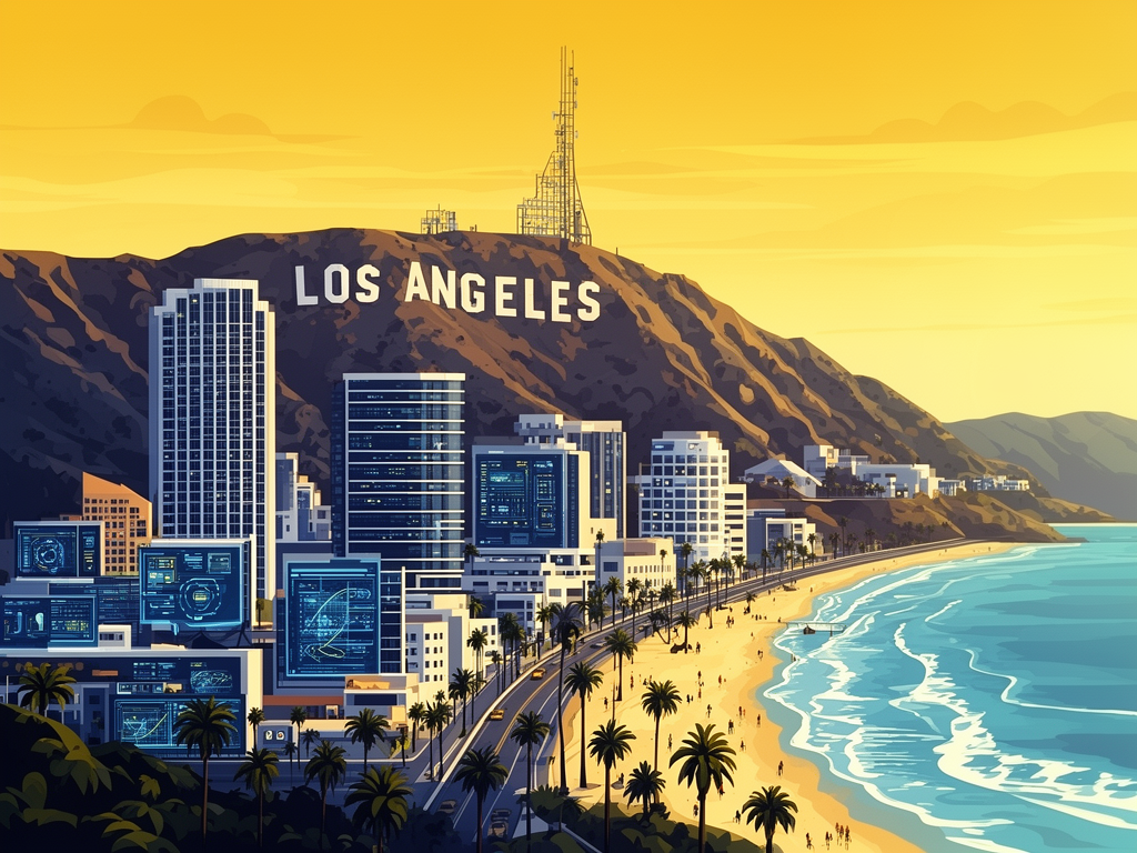 Illustration of Los Angeles with Hollywood sign, modern tech offices and Pacific coast in bumblebee style