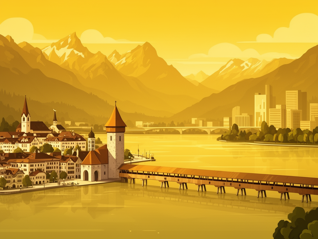 Illustration of Lucerne with Chapel Bridge, lake and mountains in bumblebee style