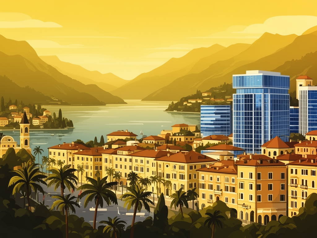 Illustration of Lugano with lake, palm trees, and modern offices in bumblebee style