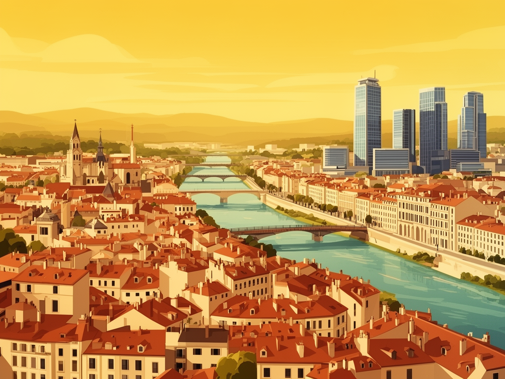 Illustration of Lyon port, Mediterranean and modern B2B offices in bumblebee style