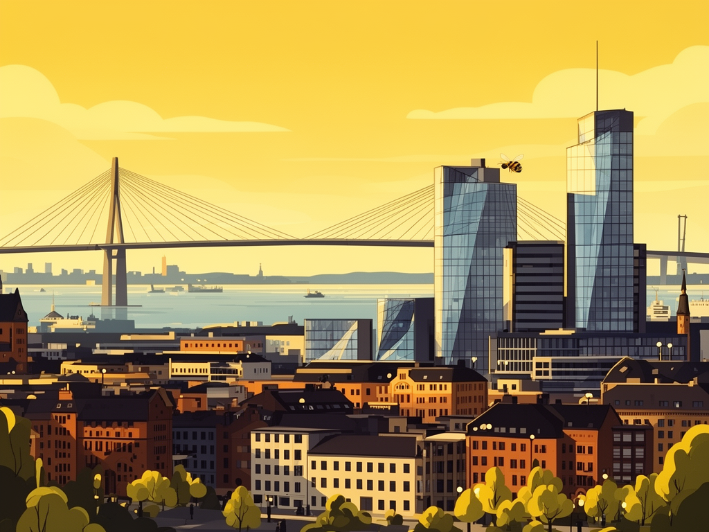 Illustration of Malmö with Öresund Bridge, modern architecture and B2B offices in bumblebee style