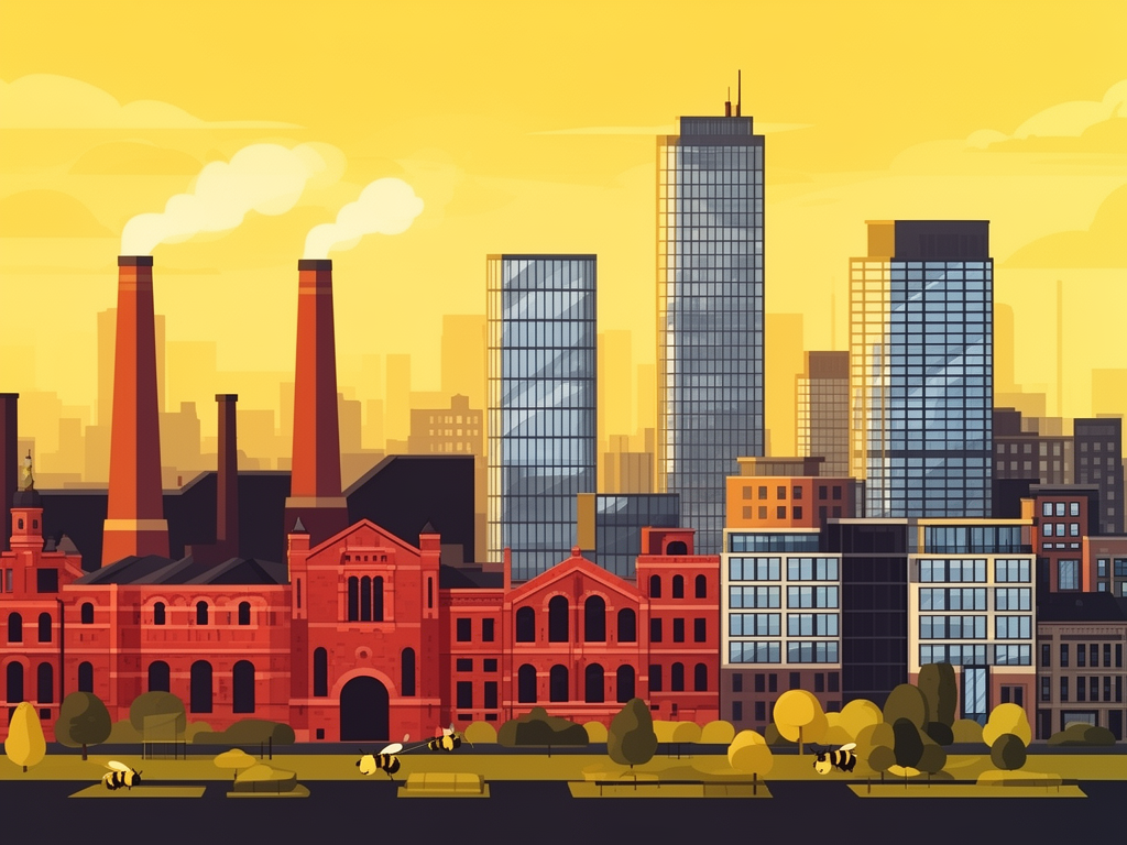 Illustration of Manchester with industrial architecture and modern B2B offices in bumblebee style