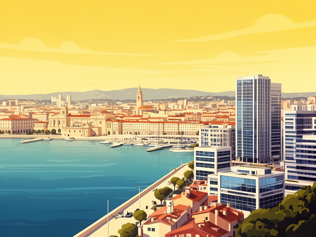 Illustration of Marseille port, Mediterranean and modern B2B offices in bumblebee style