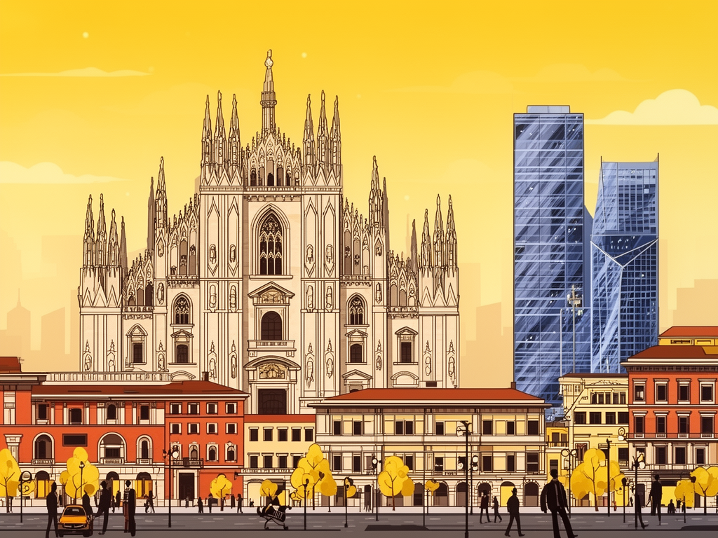 Illustration of Milan with Duomo, fashion district and modern B2B offices in bumblebee style