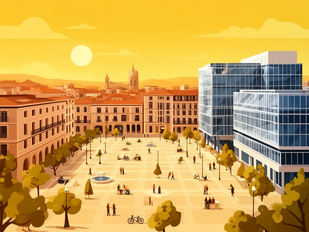 Illustration of Montpellier port, Mediterranean and modern B2B offices in bumblebee style